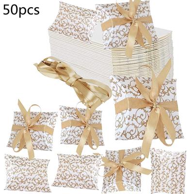 50pcs Pattern Pillow-shaped  Candy  Box With Ribbon Ample Space For Wedding Favours Jewelry Snacks