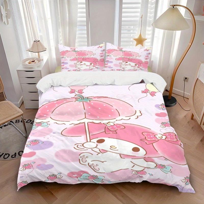 3pcs Strawberry My Melody Quilt Cover Set (1 Quilt Cover + 2 Pillowcases Without Pillow Core), High-Definition Printing for Home and Dormitory.W1