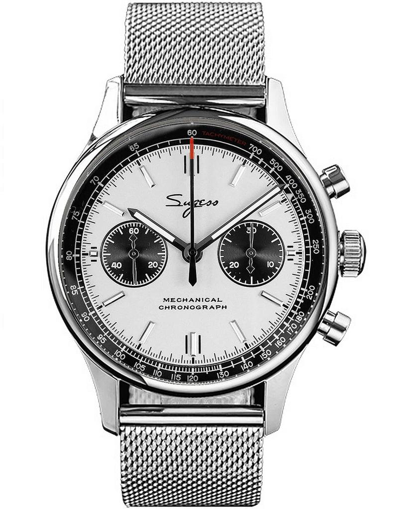 Sugess 40mm Gold SWAN Neck Milano Mesh White Panda Mechanical Chrono Chronograph Men's Watch Seagull 1963 SUPANK031SN, Silver, 40mm, Bracelet