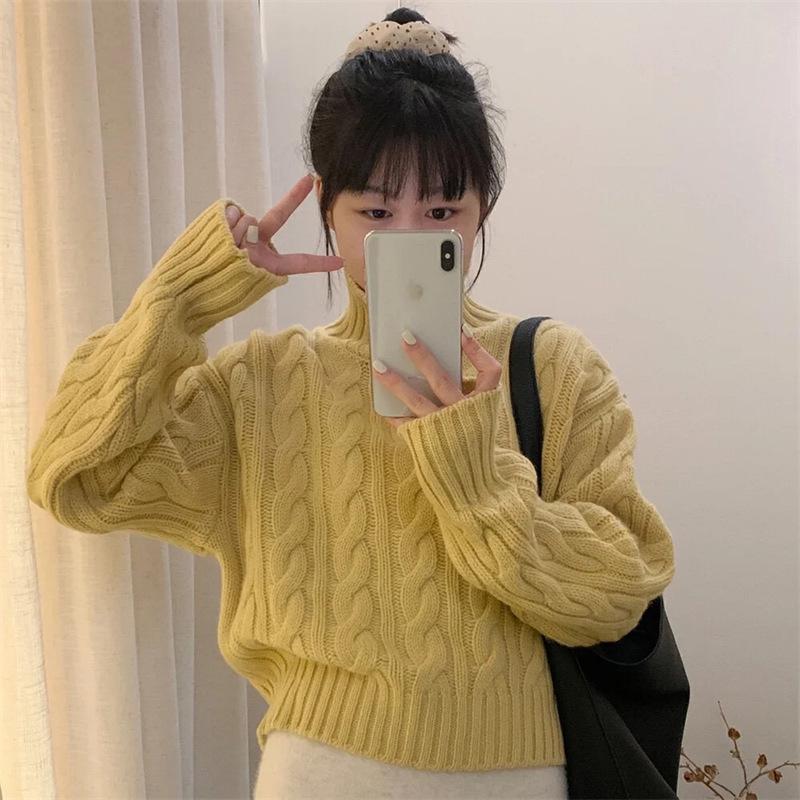 Women's High-Neck Wool Sweater - 100% Pure Wool, Cable Knit, Thick, Fashionable, Elegant Cashmere Base Layer Knitwear