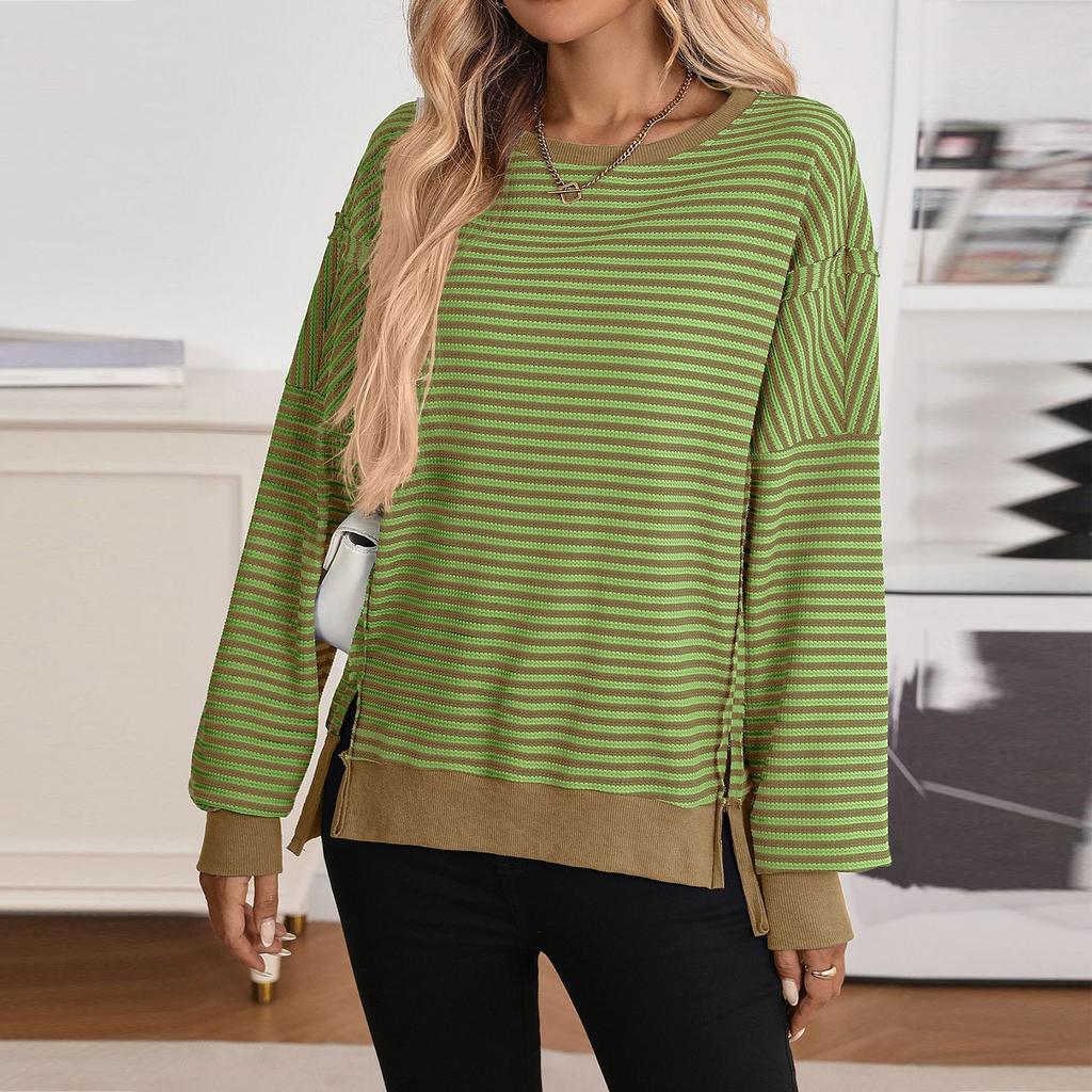 Women's Long-sleeved Round-neck Striped Round-neck Versatile Casual Loose Sweatshirt