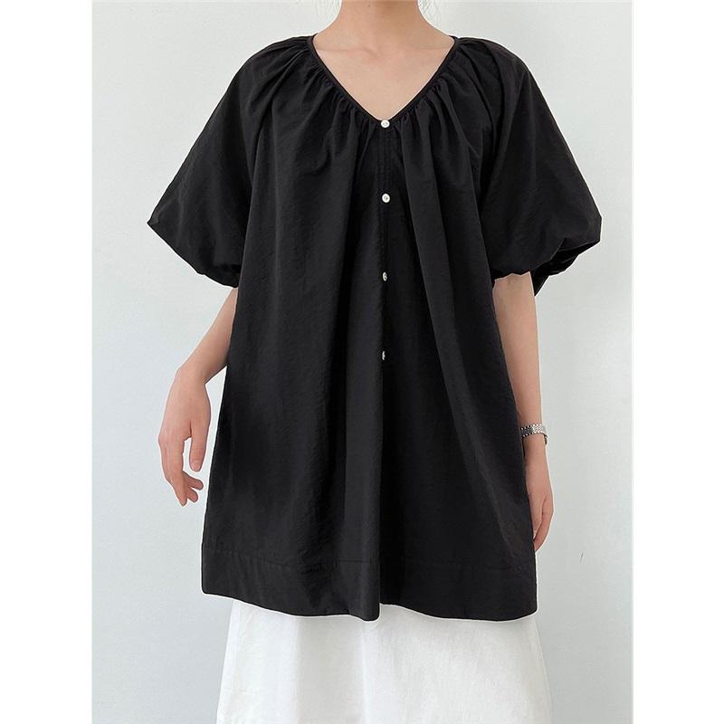 French V Neck Loose Puff Sleeve Shirt For Women Summer Reversible Cardigan Casual Top Loose Fit Blouse Comfortable Women's Shirt Stylish Top