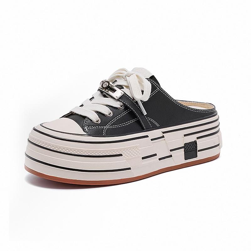 

Popular thick-bottomed outer wear bag head drag women s spring and summer new round head lace-up comfortable and versatile fashion slippers 35 чёрный