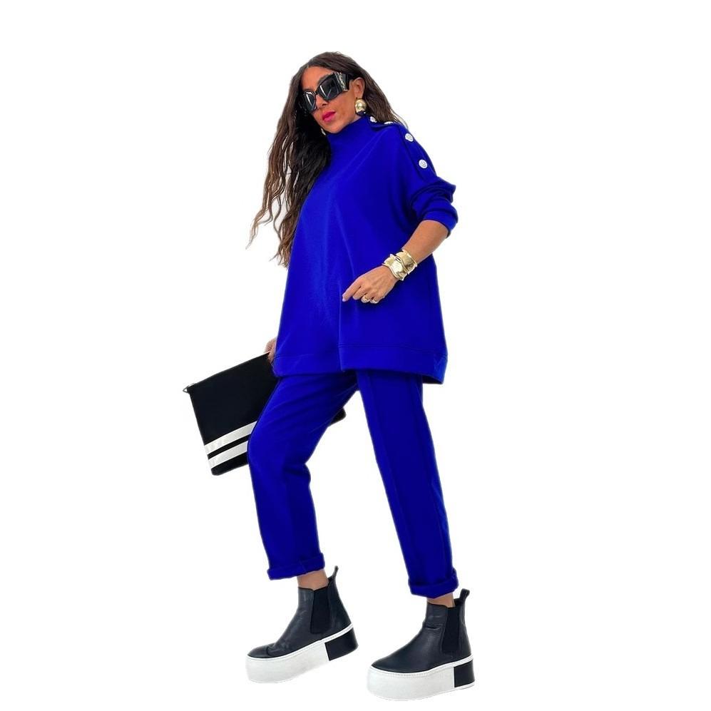 A New Autumn and Winter Fashion Casual Set for Women, A Solid Color Long-sleeved Shirt, Long Pants and Stand-up Collar Two-piece Set