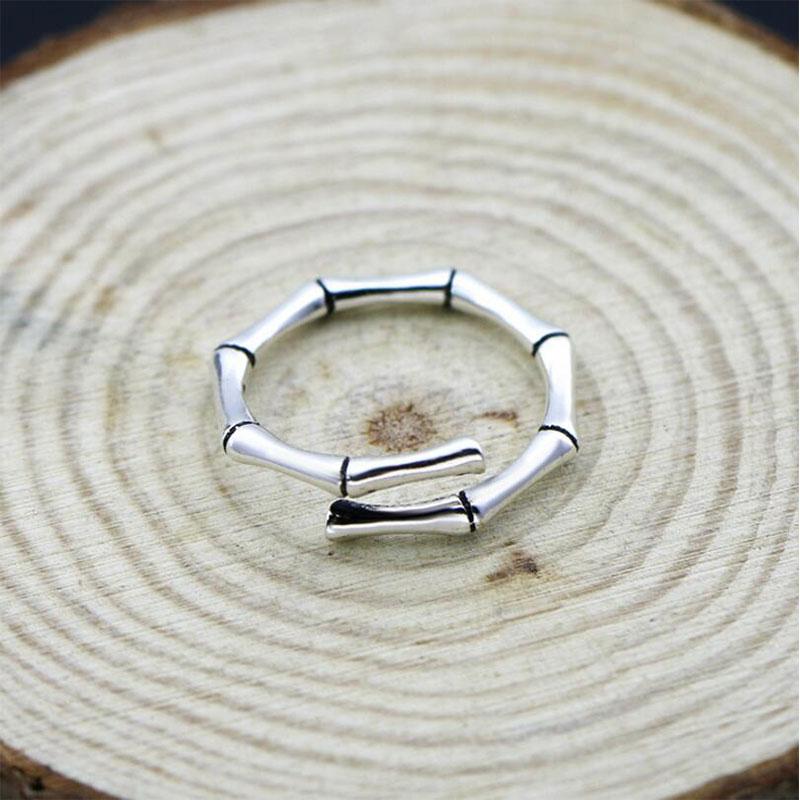 ANENJERY Bamboo Open Ring with Black Star Fashion Silver Jewelry Women Men Fashion Gifts