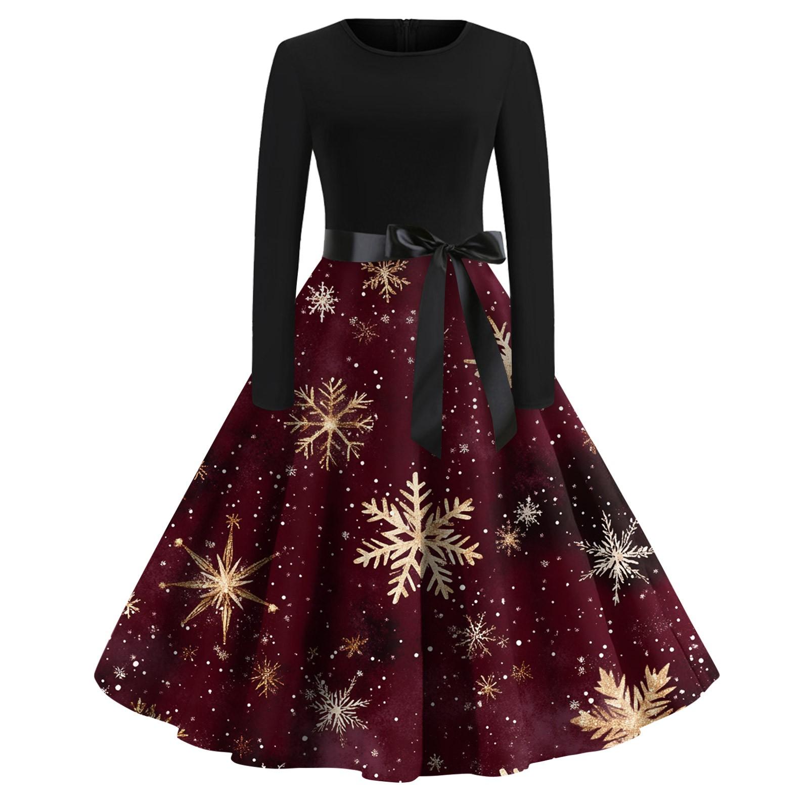 

Жіноча модна вінтажна вечірня сукня з довгим рукавом і круглим вирізом з принтом S