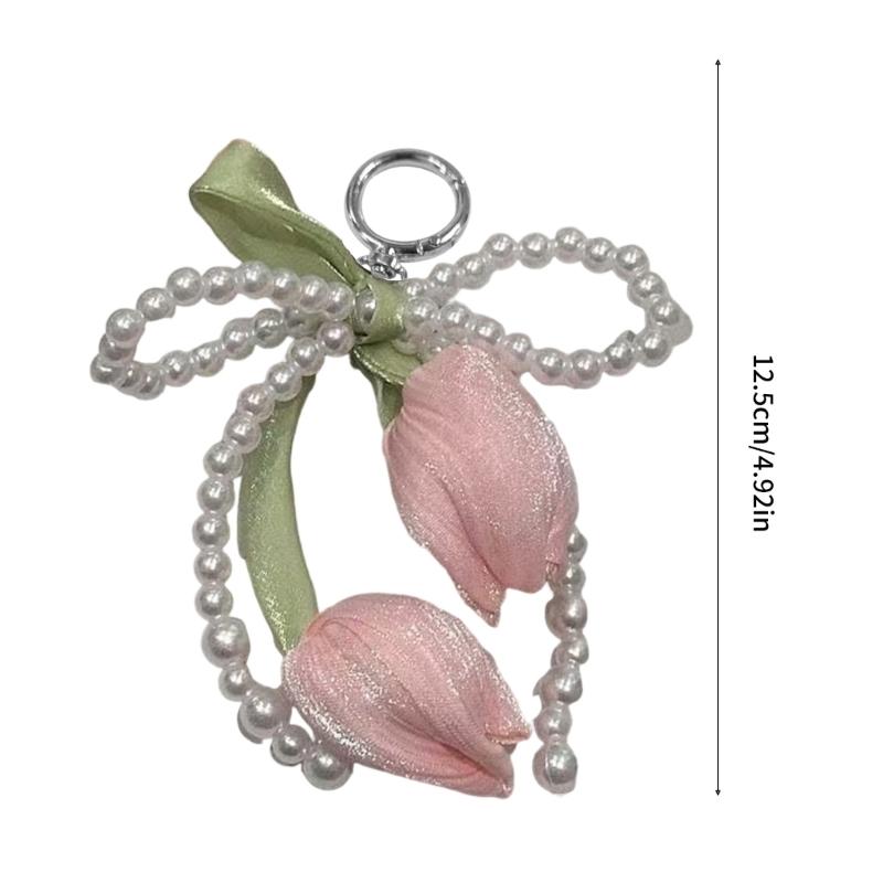 Tulips Pearls Beaded Braided Keychain Bowknot Charm For Handbag Purse Backpack Jewelry Accessories Fashion Decoration