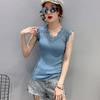 Summer V-neck Lace Stitching Pullover Sleeveless T-shirt Women's Ice Silk Vest Suspenders Slim Women's Knitted Bottoming Shirt