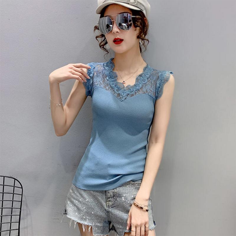 Summer V-neck Lace Stitching Pullover Sleeveless T-shirt Women's Ice Silk Vest Suspenders Slim Women's Knitted Bottoming Shirt