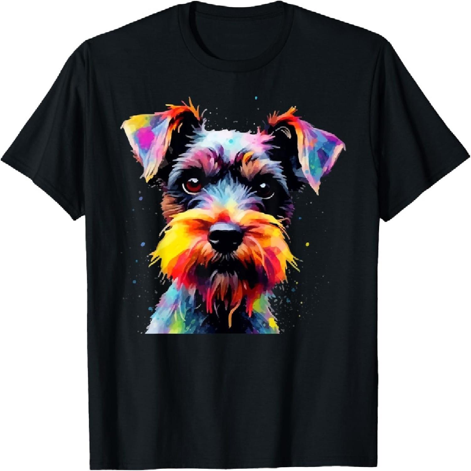 Цветная Поп-арт Футболка с Портретом Любителя Миниатюрных Шнауцеров S
