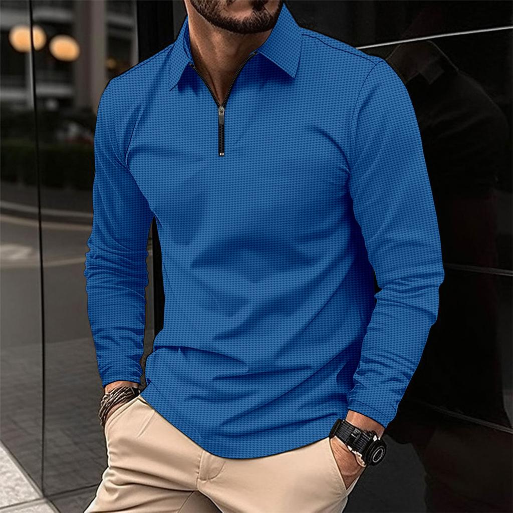 Cross-border autumn new fashion hot-selling men's waffle solid color zipper long-sleeved POLO shirt