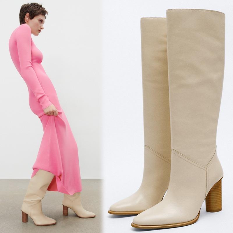 Fashion Retro Minimalist Square Head Slimming Cowhide Knee High Boots New Autumn Winter Women's Shopping Fashion Walk Show Long Boots 43