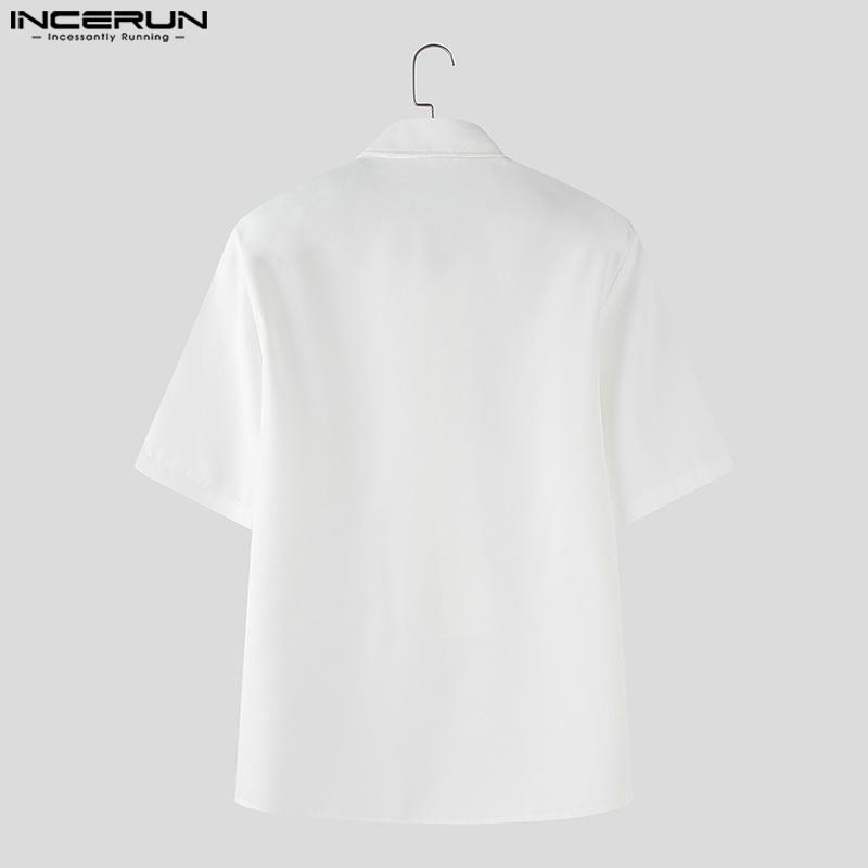 INCERUN Oversized Men Lapel Neck Short Sleeve Buttons Solid Casual Loose Shirts