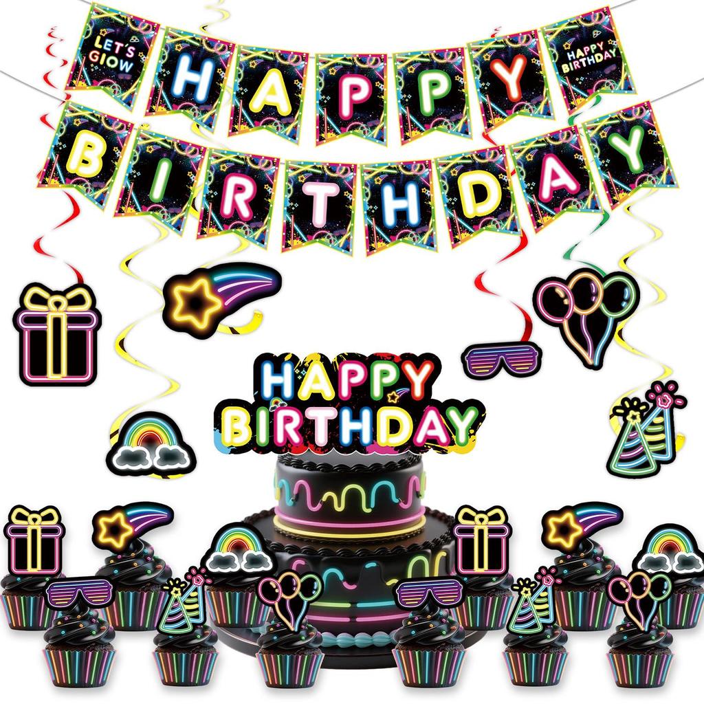 Black Neon Birthday Party Supplies: Disposable Tablecloth, Plates, Napkins, Cups, and Cake Decorations