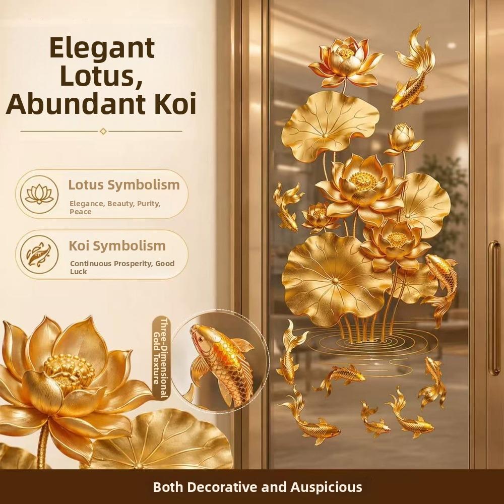 Anti-static Flower Koi Sticker Plastic 3D Effect Golden Lotus Wall Sticker Chinese Style Decorative Sticker