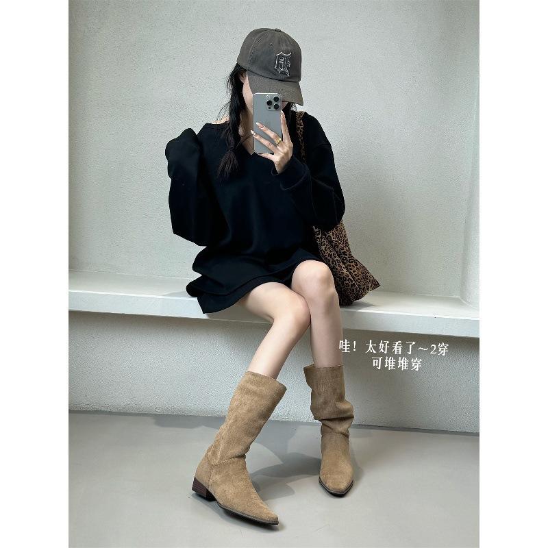 Coarse Heel Khaki Suede Medium Tube Stacking Boots Women's Shoes 2025 New Thin Boots Spring and Autumn Single Boots French Short Boots