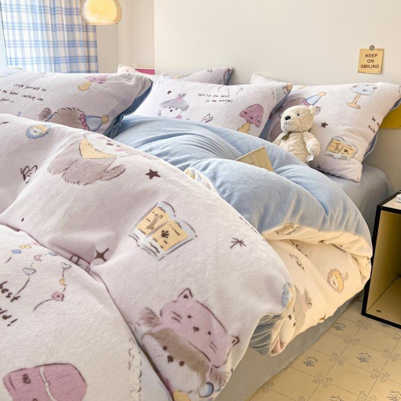 Thickened Milk Fleece Bed Four-Piece Set, Double-Sided Fleece Coral Fleece Quilt Cover, Bed Sheet Three-Piece Set
