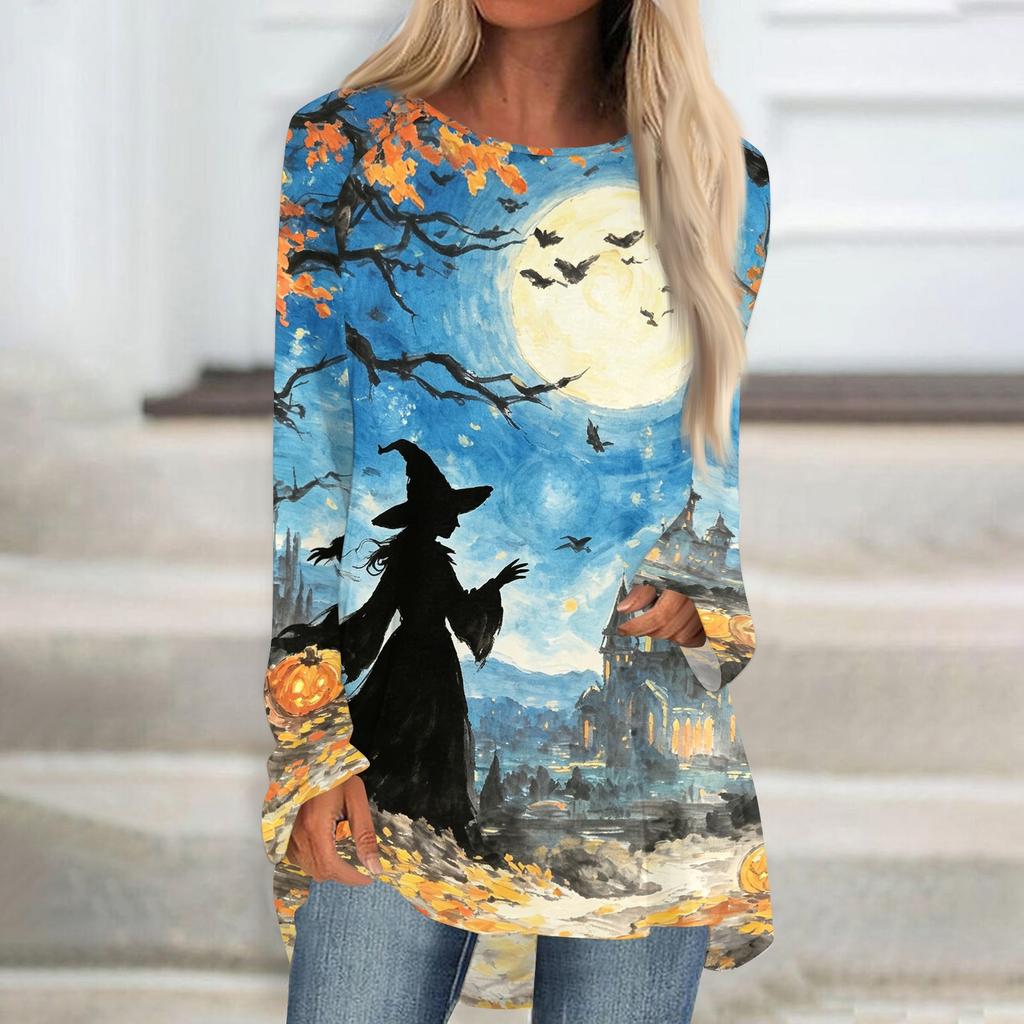 Women's Long Sleeve Round Neck Halloween Print Tunic T-Shirt for Casual Fall Fashion