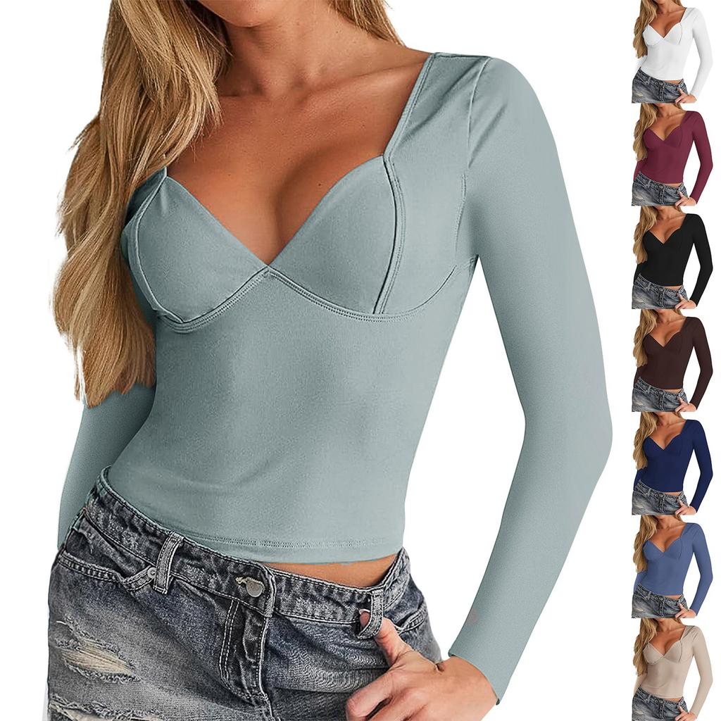 Women's Solid Color V-neck Casual Slim-fit Long Sleeve Top