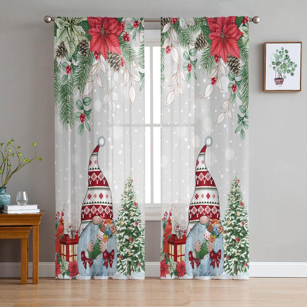 Christmas Christmas Tree Leaves Green Red Tulle Sheer Window Curtains for Living Room Bedroom Decor Voile Curtains Drapes