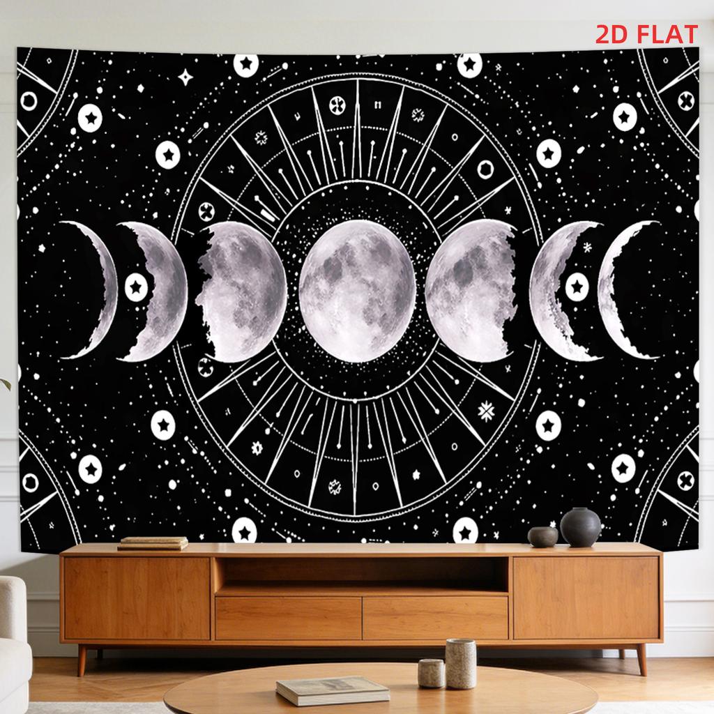 2D Flat - 2D Flat - A Tapestry Featuring Large And Small Patterns of Moon Phases, Cosmic Elements, Stars, And Astronomical Symbols in Black And White,