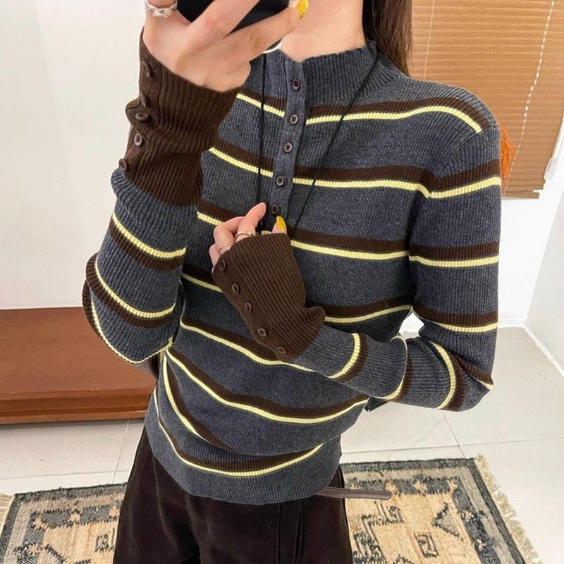 Small Stand-up Collar Stacked with Contrasting Striped Knitted Sweater, Autumn and Winter Button Retro Long-sleeved Top, and Sweater Inside for Women
