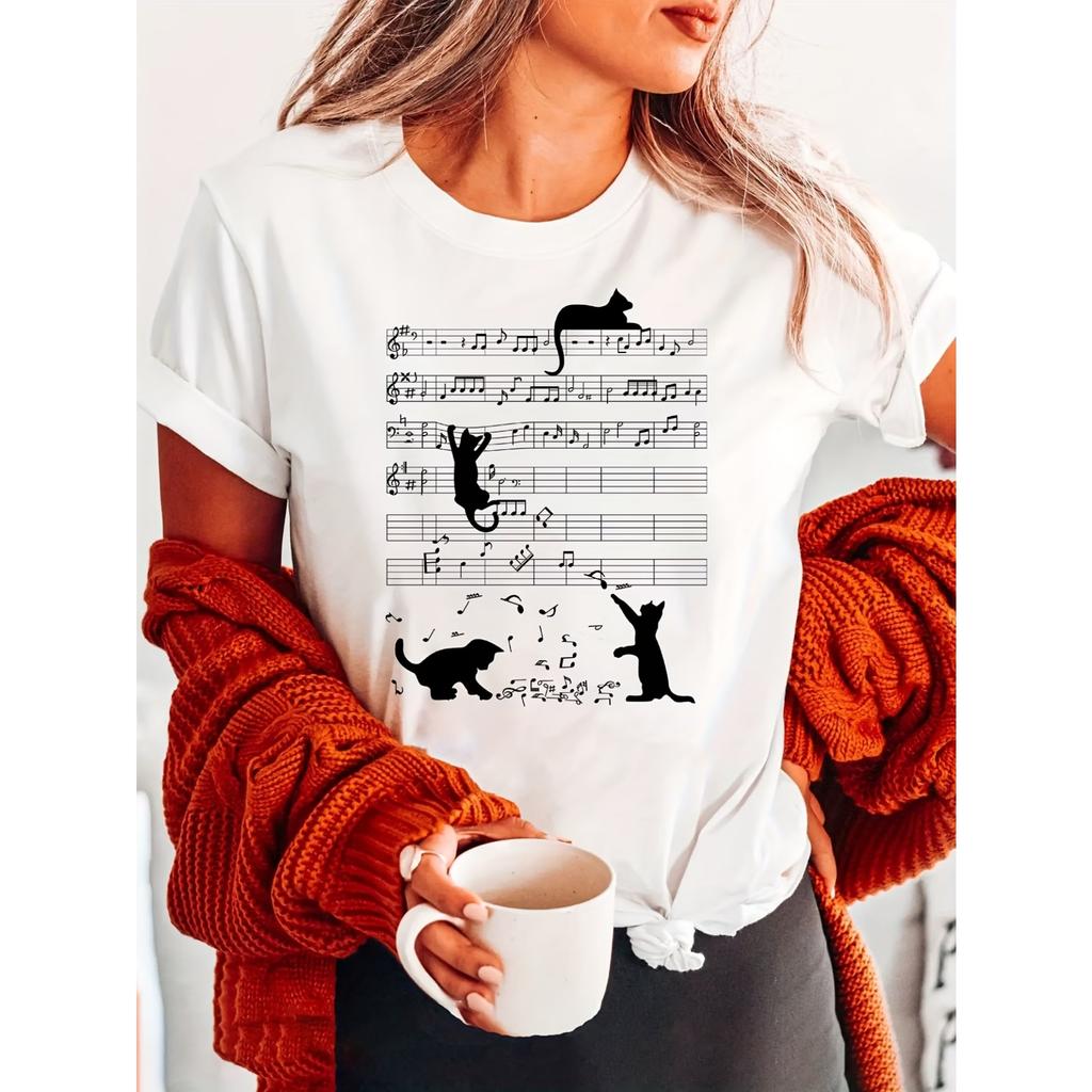 Kitty Playing Music Print T-Shirt, Short Sleeve Crew Neck Casual Top for Summer & Spring, Women'S Clothing