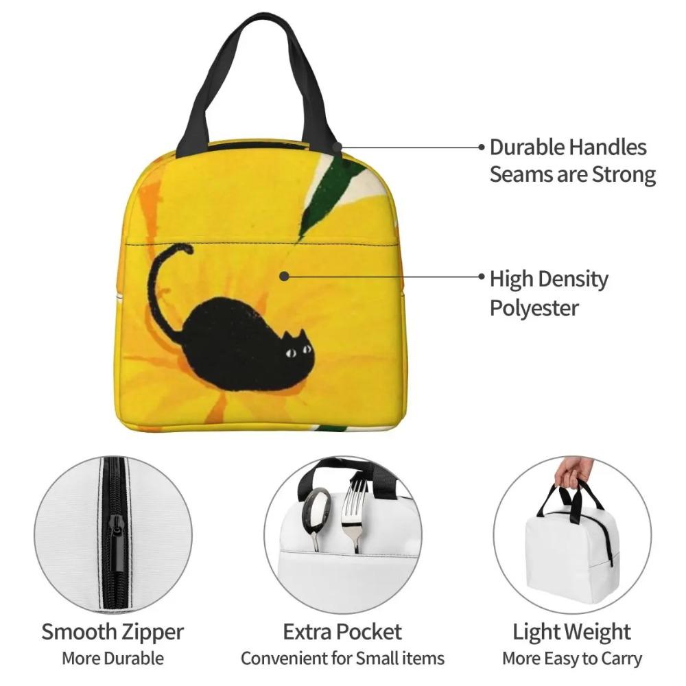 Black Cat With Flowers On Yellow Background Insulated Lunch Bag Cooler Thermal Food Box Tote Leakproof Lunch Boxes Container