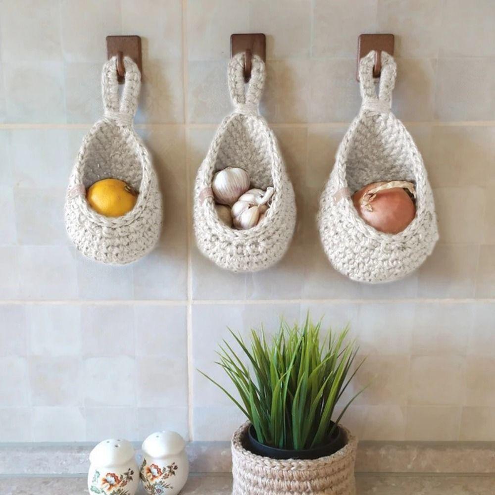 Cotton Rope Kitchen Storage Organizer Breathable Boho Onion Container Hanging Net Pocket  Potato