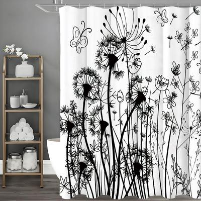 Black and White Dandelion Flower and Butterfly Shower Curtain, Bathroom Decorative Shower Curtain, Waterproof with Hook Shower C
