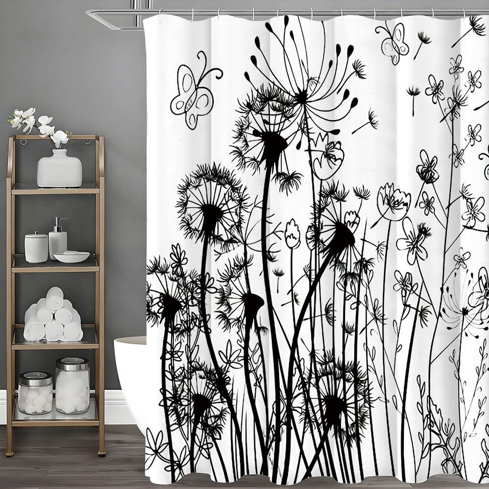 

Черно-белая занавеска для душа с цветком одуванчика и бабочкой, декоративная занавеска для душа для ванной комнаты, водонепроницаемая с крючками 200*180cm