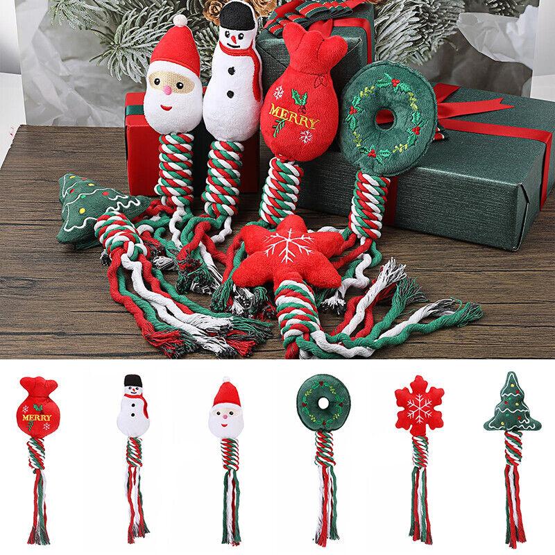 Christmas Pet Dog Chew Toys Braided Cotton Rope Santa Xmas Tree Snowman Gift DH