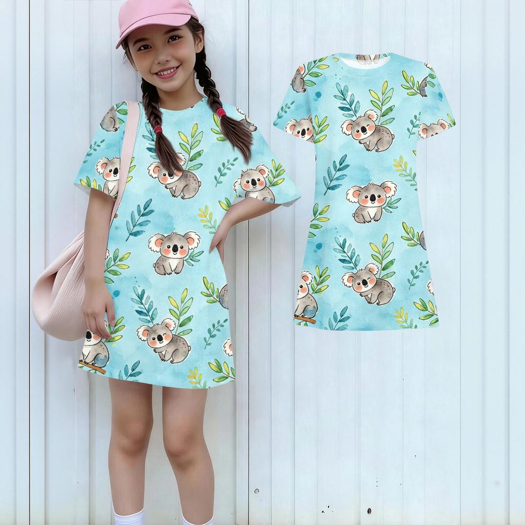 Girls Loose Fit Short Sleeve Dress Lightweight Round Neck Casual Dress with Animal Print Pattern for Kids Summer Wear