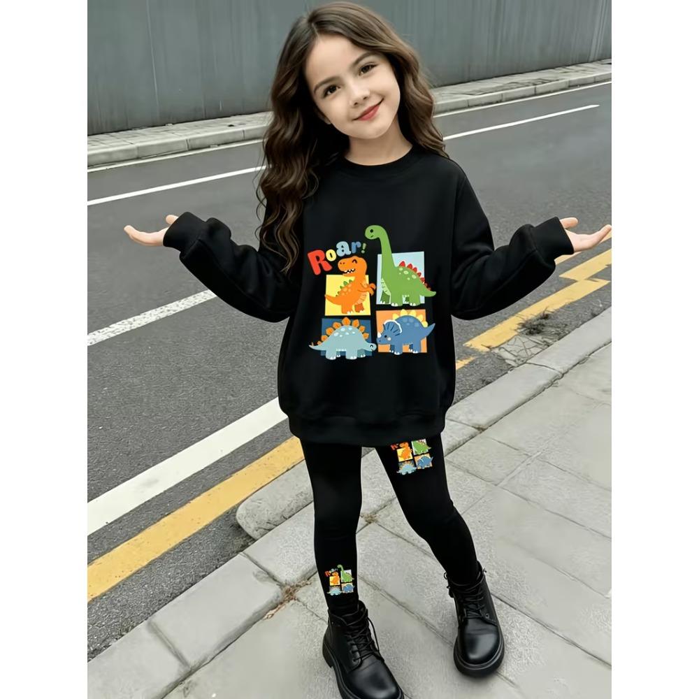Girls' Colorful Dinosaur Casual Comfortable Soft Loose Pullover Sweatshirt and Leggings 2-Piece Set, New Autumn/Winter, Playful, Sweet and Cool Style