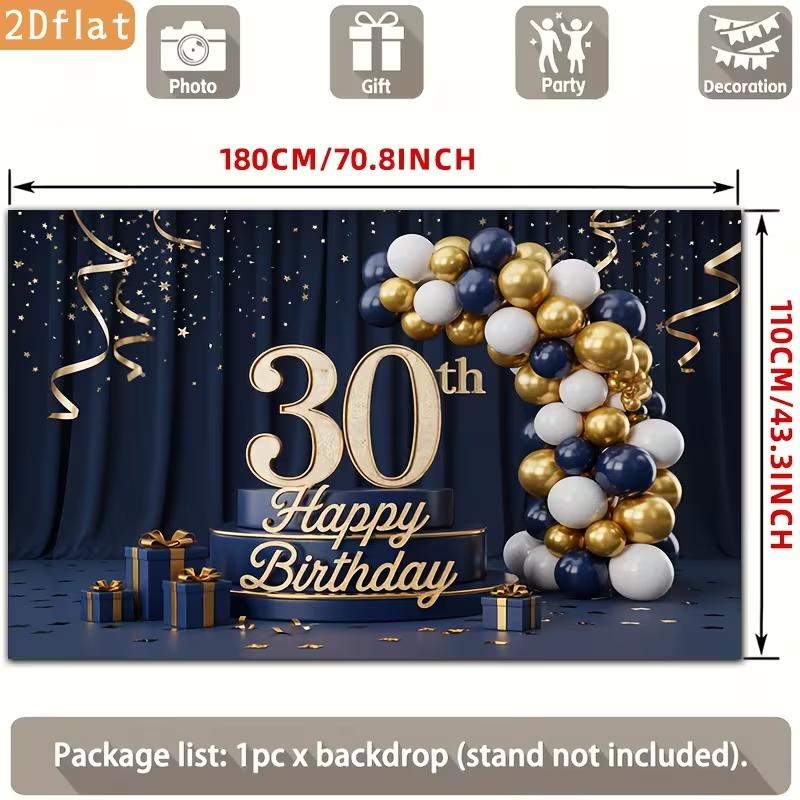 Sfondo 2D Buon 30° Compleanno Tenda Blu Navy Palloncino Oro Decorazione Festa