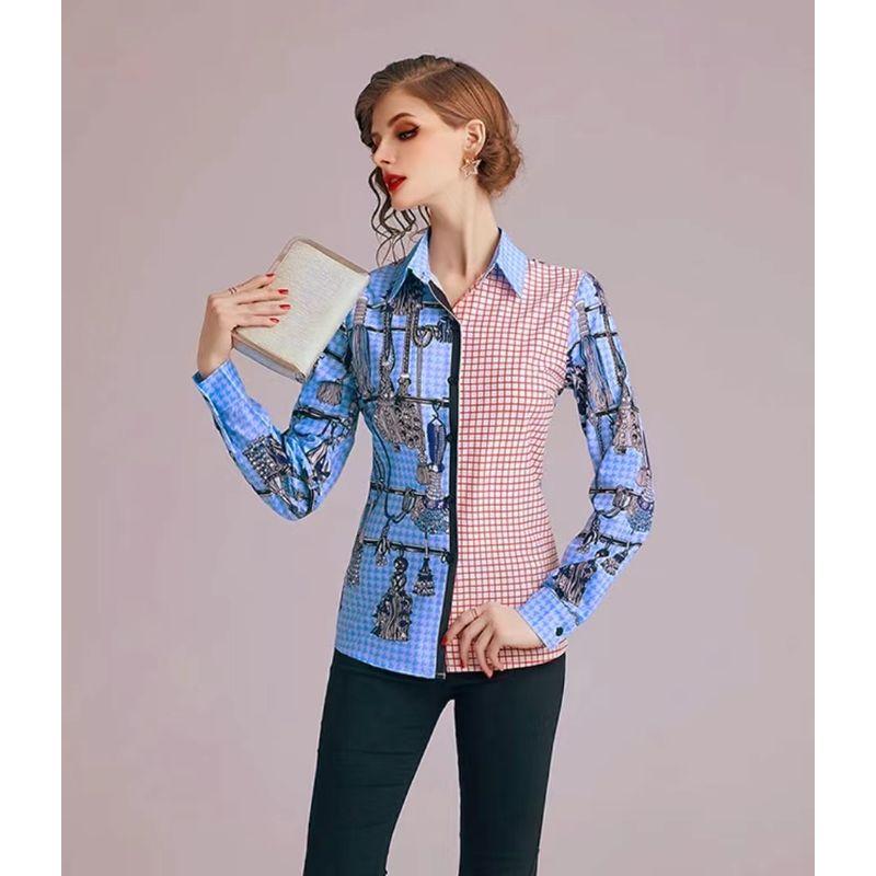 

Fancy Satin Heavy Weight Fashion Style Shirt Women s Spring Summer and Autumn Clothes Stylish Niche Style Western Style Youthful-Looking Print Tops Blue S