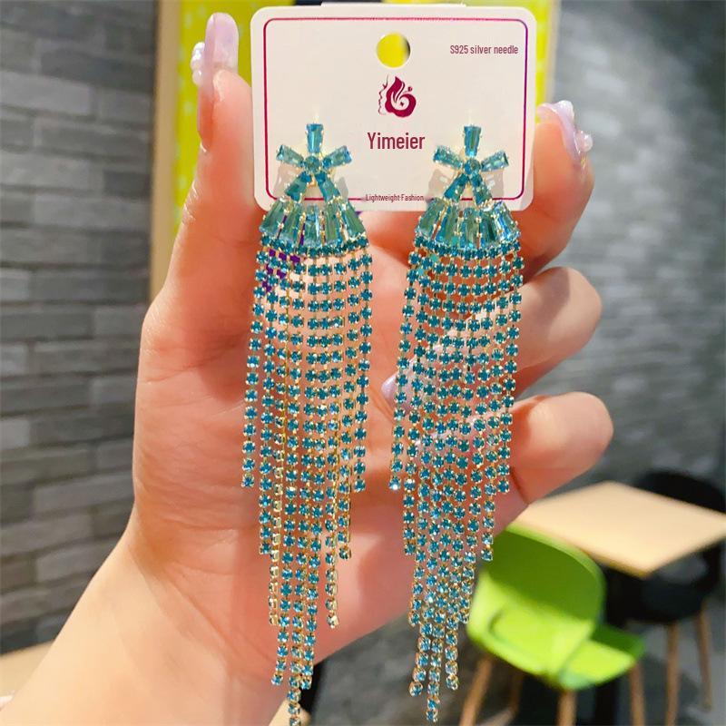 S925 Silver Needle Rhinestone Tassel Earrings - Exquisite Long Claw Chain with Colored Diamonds, European & American Style
