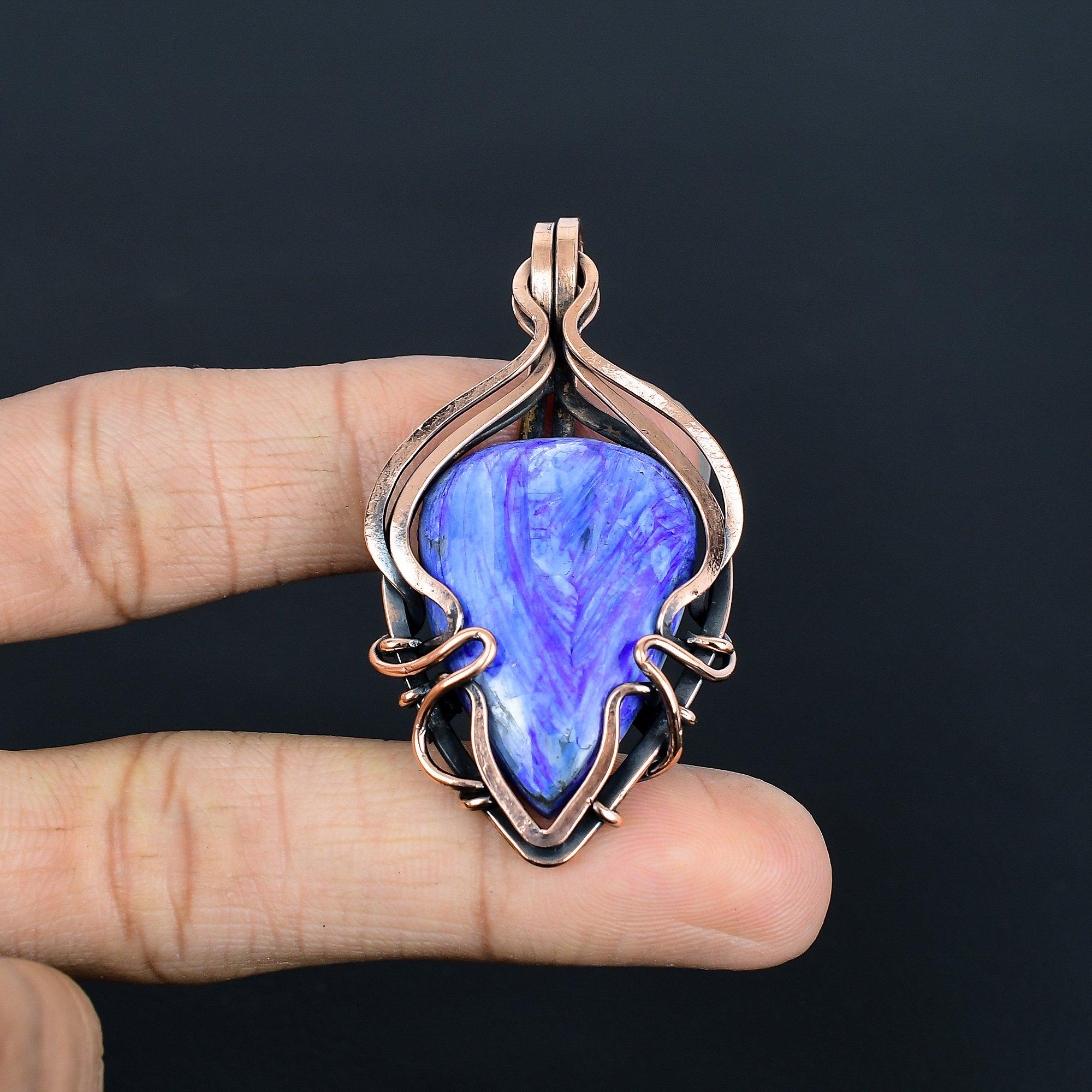 

Подвеска из чароита ручной работы, обернутая медной проволокой 999 пробы, антикварное украшение, для подарка на помолвку 2.32 Inches фиолетовый