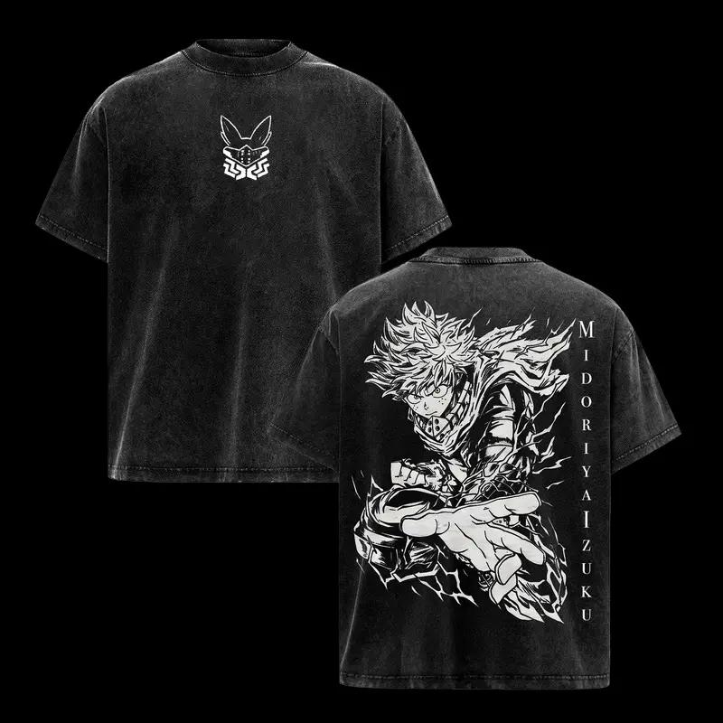 

Мидория Изуку Моя геройская академия Одежда Мужчины Женщины Футболки манга Винтажная стирка Футболка Повседневная хлопковая футболка Харадзюку Мужская футболка S чёрный