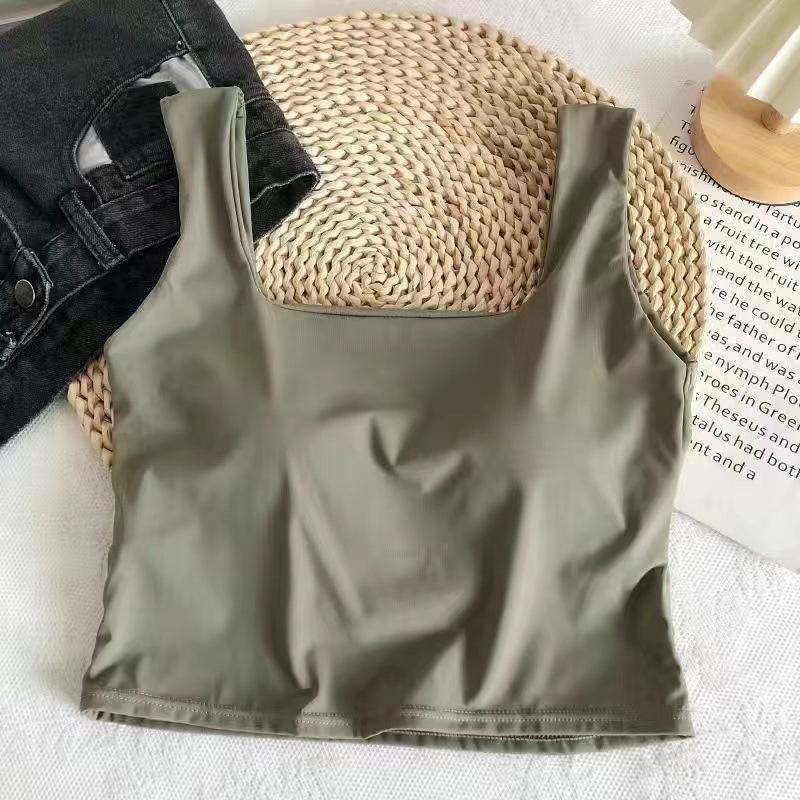 Women's Solid Color Square Collar Sports Vest with Wide Straps and Chest Pad