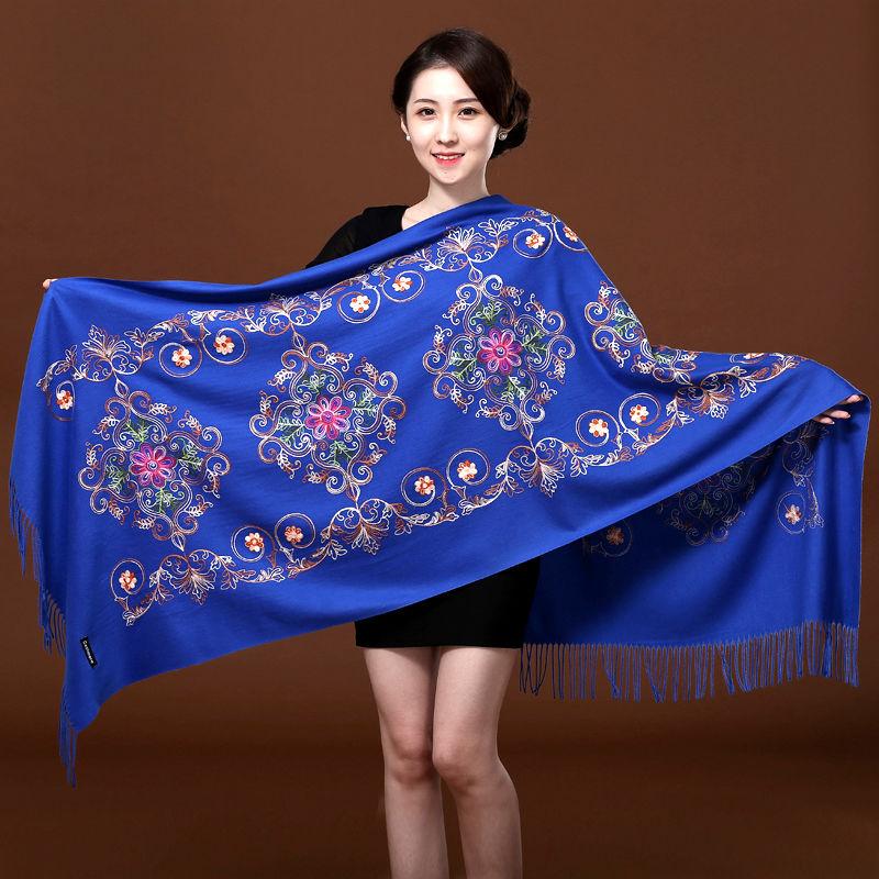 Červený vyšívaný šátek Dámský etnický styl Silný oboustranný hřejivý šátek Dvojí použití Podzim a zima Divoká Dlouhá část