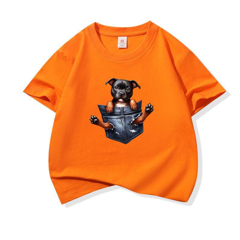 Kids Cotton T Shirt Adorable Pocket Staffordshire Dog Pattern Print Crew Neck Short Sleeve Tee Casual Boys Girls Summer Tops