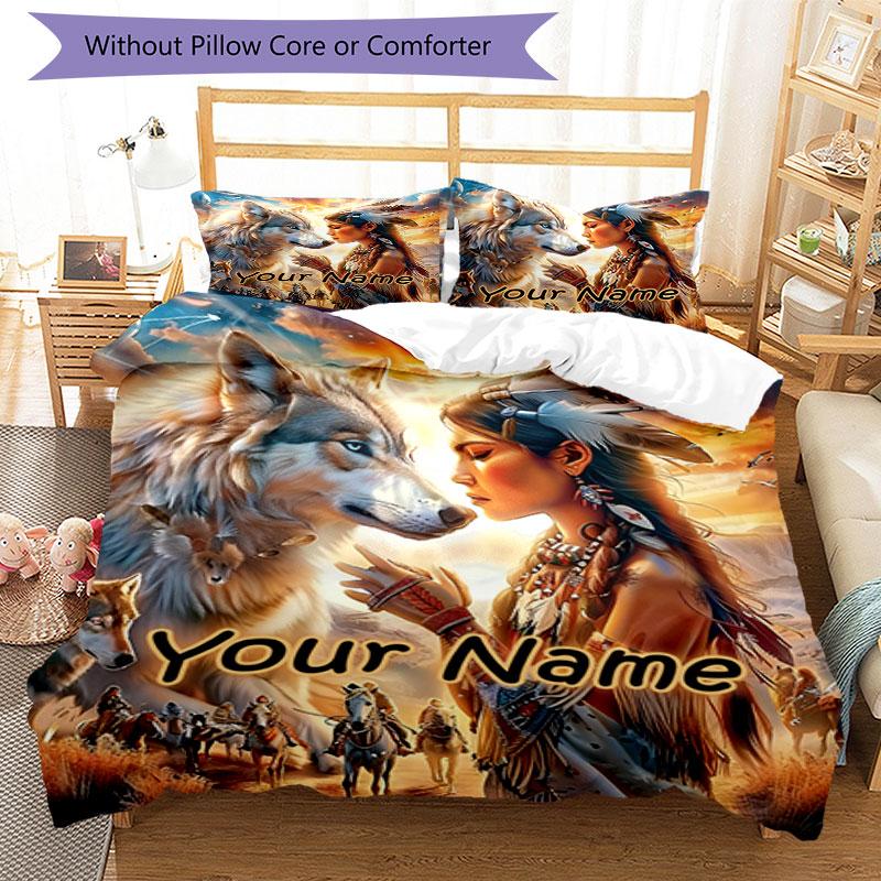 3pcs Custom Name Wolf Spirit Journey Bedding Set Printed Bedding Set Duvet Cover Closure Includes 1 Duvet Cover & 2 Pillowcases Bedroom Decor