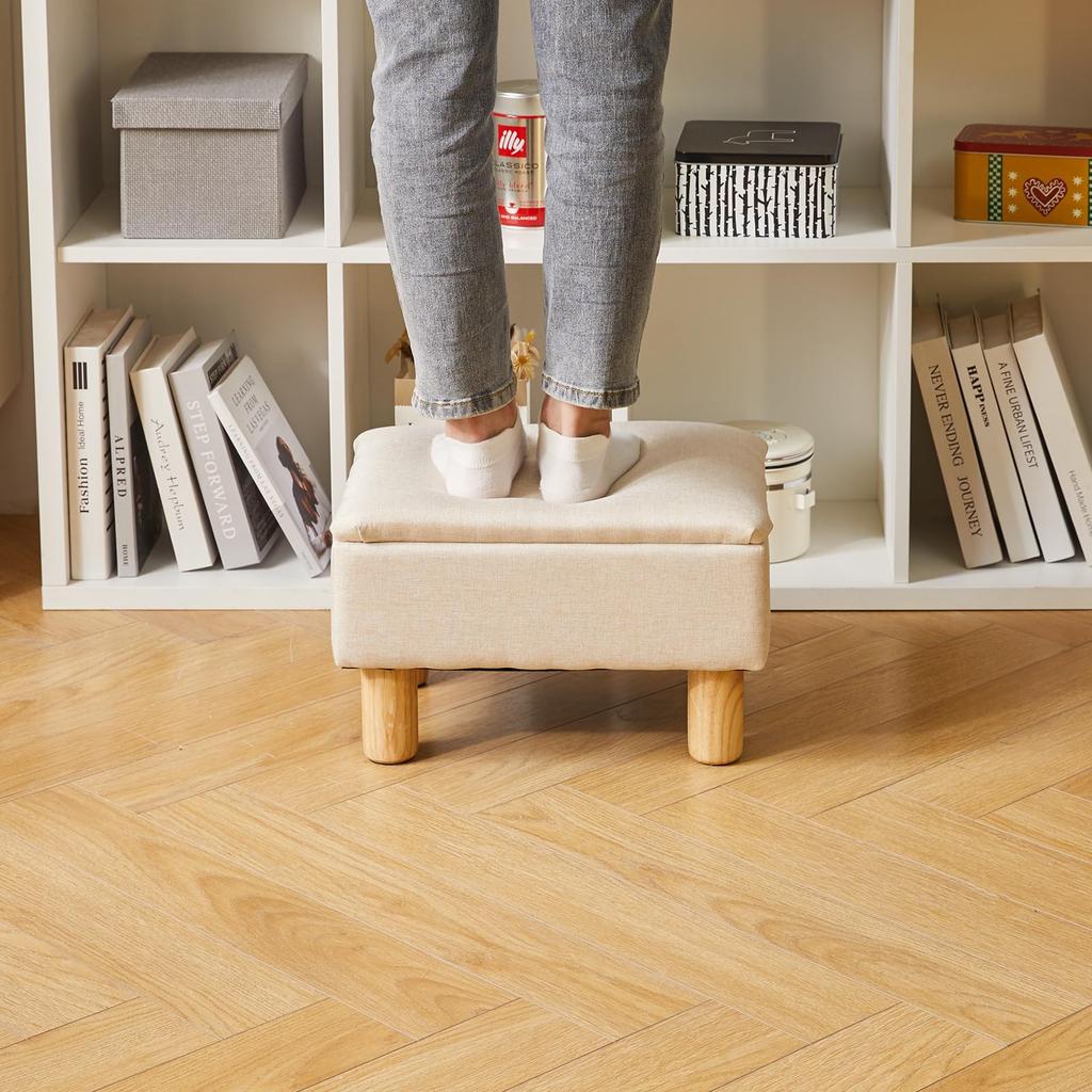 Aibiju Linen Fabric Ottoman with Low Storage Stool with Natural Wood Footstool with Weight Capacity Suitable for Living and Under-Desk Footstool,