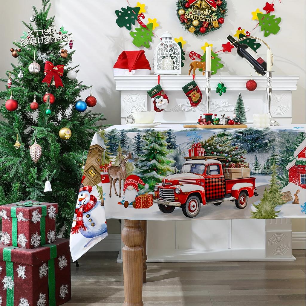 Full of Christmas Atmosphere with Snowman Gnomes and Other Elements Winter Party Tablecloth, Polyester Material, Rectangular