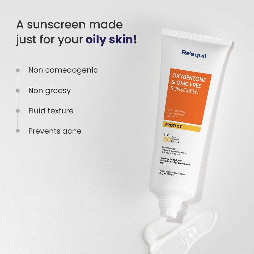 RE' EQUIL Oxybenzone and OMC Free Sunscreen For Oily, Sensitive & Acne Prone Skin | Prevents Acne Breakouts | No White Cast | SPF 50 PA+++ | 50g