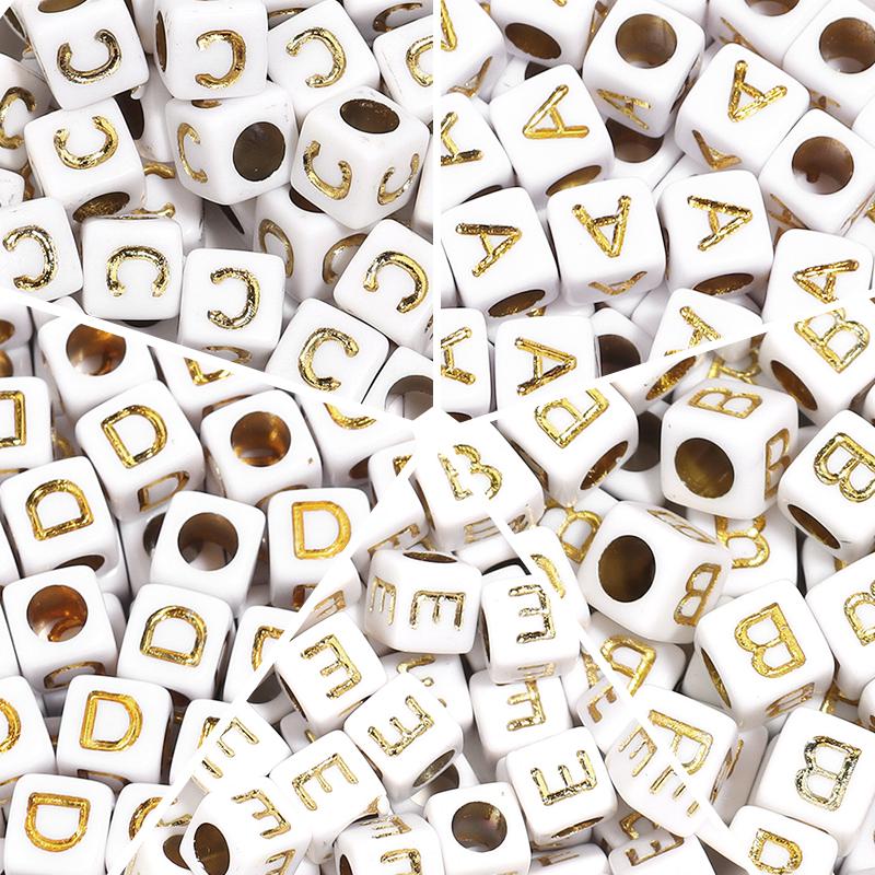 100pcs A-Z Acrylic Letter Square Beads Gold Color 6mm Large Hole Loose Bead for DIY Bracelet Necklace Jewelry Beaded Accessories