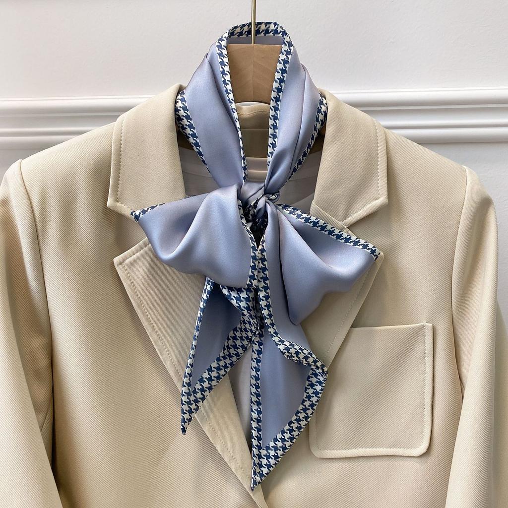 New Houndstooth Solid Color Scarf for Women with Thin Narrow Strips Decorative Small Scarf Headband Tied Bag Streamer Scarf