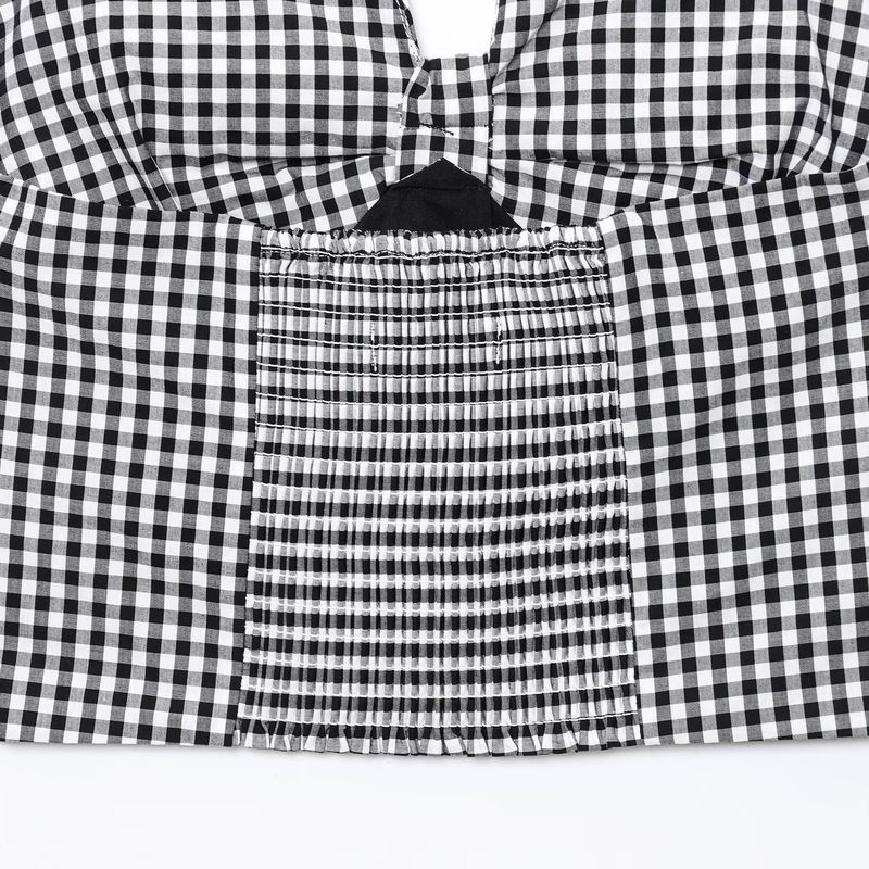 Kaslead New Women Clothes Western Style Fashion Simple Short Hanging Neck for Plaid Dungaree Shirt