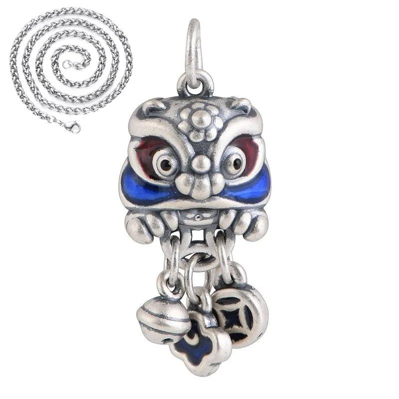 Blue Cute Small Pendant   Lion Dancing Tassel Necklace Chinese Style Copper Coin Design Banquet Couple Jewelry Gift